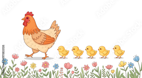 A mother hen and her chicks walking through flowers.