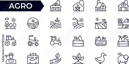 Agro and Farming Line Icon Set – Gardening, Harvest and Agriculture Outline Icons Collection with Editable Stroke Vector Symbols