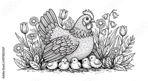 A mother hen and her chicks in a garden with flowers and leaves.