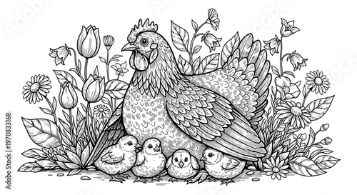 A mother hen and her chicks in a garden with flowers.