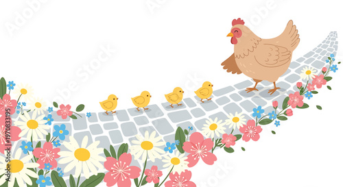 chicken walking on a brick path with flowers.