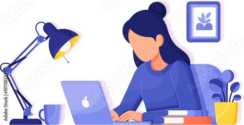 Focused woman typing on laptop in a cozy home office environment