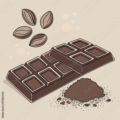A vector graphic illustration of a chocolate bar with cocoa beans and powder