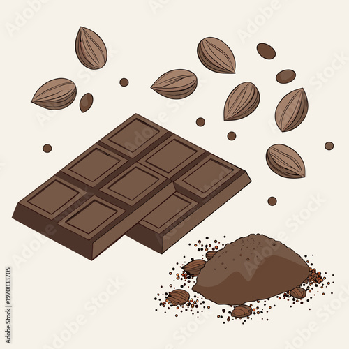 A vector graphic illustration of a chocolate bar with nuts and cocoa powder