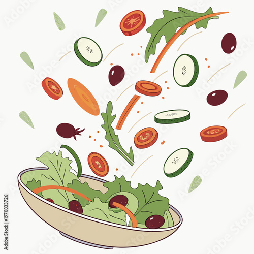 A vibrant vector graphic of a salad bowl with fresh vegetables flying into it