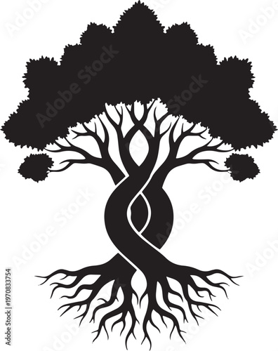 Tree, twisted roots, black silhouette, vector icon, nature symbol