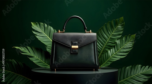 green woman handbag on a podium with tropical leaves on green background