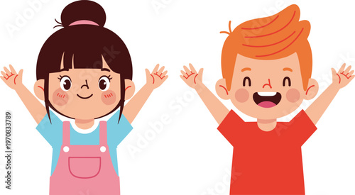 Happy kids raising hands vector illustration cartoon children expressing joy excitement and playful lifestyle for education celebration and fun activity design