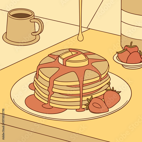 A delicious stack of pancakes with strawberries and syrup on a table