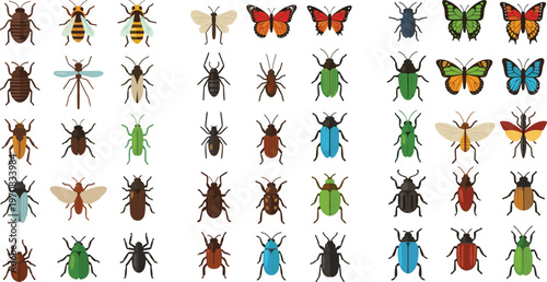 Set of Colorful Insect Illustrations, Featuring Various Bugs, Beetles, Butterflies, and Bees in Different Poses and Styles