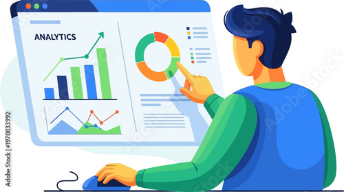 Professional analyst examining business data charts on screen