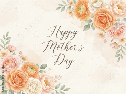 Soft pastel watercolor floral greeting card for Mother's Day, adorned with delicate peach and orange blossoms, creating a gentle and loving tribute to mothers