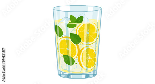 Refreshing detox drink with lemon slices and mint leaves in a clear glass, vibrant illustration on a white background