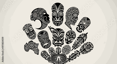Maori Tribal Masks Collection - Indigenous Art, Culture, Heritage, Ethnic Patterns