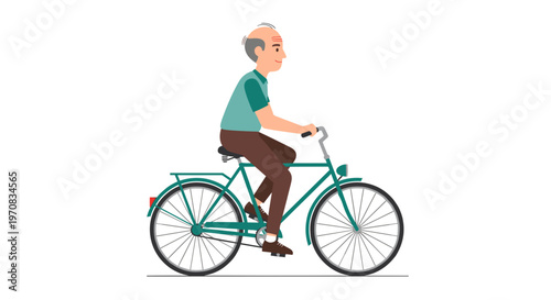 Elderly man riding a turquoise bicycle with brown pants and green shirt, minimalist style on a plain white background