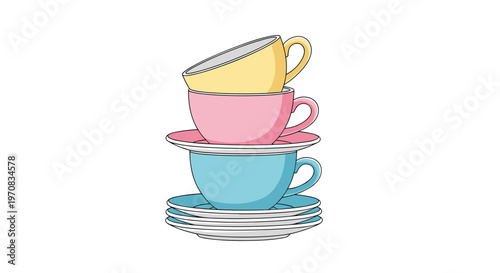 Stacked pastel porcelain teacup set with saucers in soft yellow, pink, and blue shades, isolated on white background