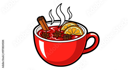 Illustration of steaming mulled wine in a vibrant red mug, garnished with aromatic spices and citrus slices, on a white background