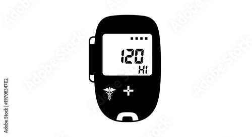 Black and white illustration of a digital diabetes blood sugar meter displaying high glucose level, minimalistic design on white background