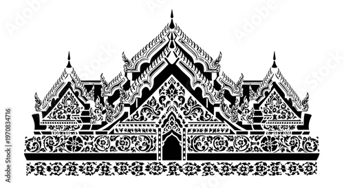 Intricate black and white illustration of a temple wall adorned with elaborate geometric patterns, showcasing detailed architectural design elements
