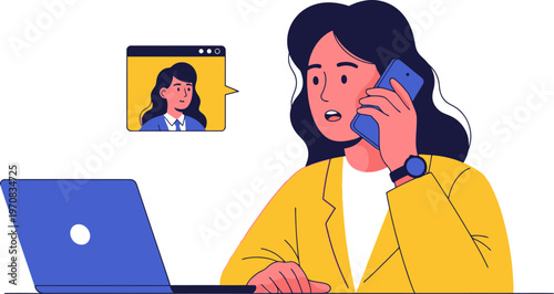 Remote worker multitasking with phone call and laptop video conference