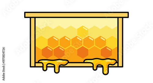 Illustration of a beehive frame with honey dripping from hexagonal cells, featuring vibrant yellow and orange colors on a white background