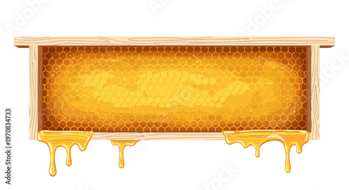 Wooden beehive frame filled with golden honey, featuring hexagonal patterns and honey dripping, isolated on white background