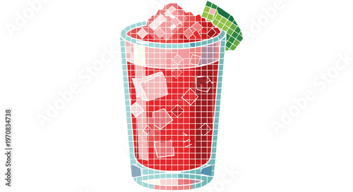 Artistic illustration of a glass filled with refreshing watermelon juice, adorned with ice cubes and a watermelon slice on the rim, against a white background