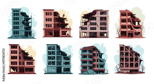 Set of various abandoned and ruined apartment buildings showing signs of heavy destruction, cracks, and missing walls.