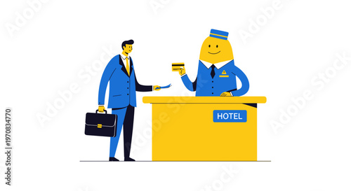 Illustration of a man at a hotel reception desk, handing over a credit card to a cheerful concierge in a blue uniform, minimalist style, white background