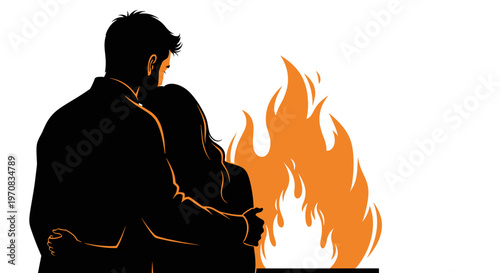 Silhouette of a couple embracing warmly in front of a glowing orange fireplace, set against a white background, highlighting intimate and cozy atmosphere