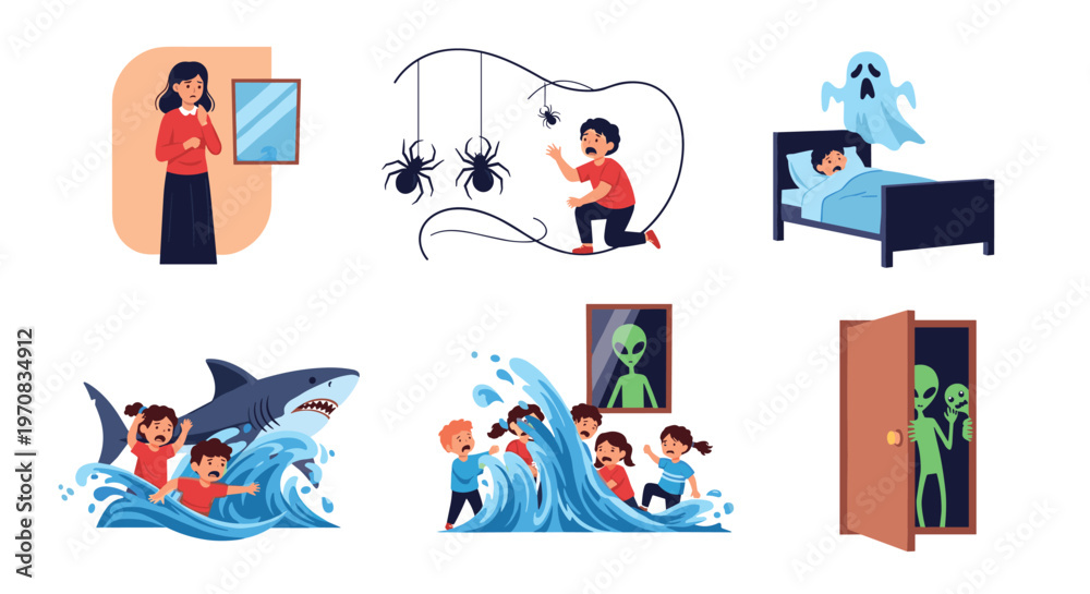 Fototapeta premium Group of children experiences various fears including scary spiders, a ghost in bed, sharks in water, and aliens.