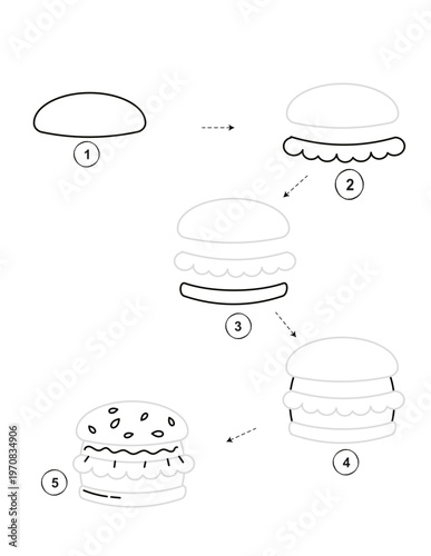 Learn how to draw a hamburger with this step by step kids activity illustration isolated on transparent background