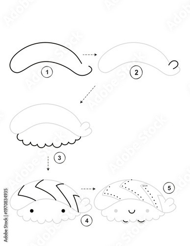 Step by step guide on how to draw cute sushi for kids activity on transparent background