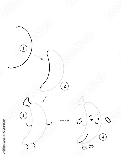 Step by step how to draw a cute banana for kids activity on transparent background