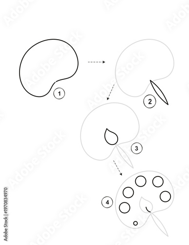 Step by step guide on how to draw a paint palette for kids activity, isolated transparent PNG