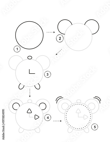 Step by step illustration for how to draw a clock activity for children isolated on transparent background