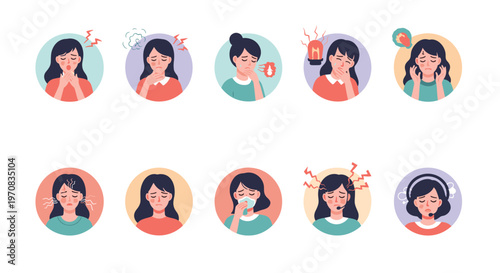 Collection of health icons shows a woman experiencing various symptoms like coughing, sneezing, sore throat, and headache.