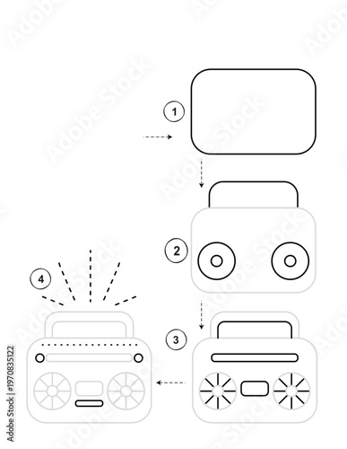 Step by step guide on how to draw a retro boombox isolated on a transparent background