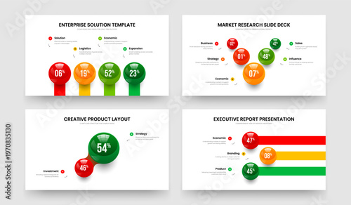 Science Strategy 4 5 2 3 Element Diagram Slide Design Set. Visual Briefing Four Five Two Three Step Graph Slideshow Template Vector Illustration Collection.