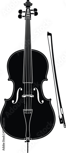 Detailed black and white silhouette vector illustration of a classical cello with a professional bow in a vertical position for music.
