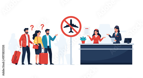 Distressed passengers with luggage stand at an airport check-in desk as a staff member indicates flights are cancelled.