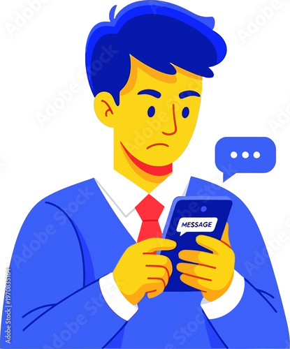 Worried man reading unexpected message on smartphone screen