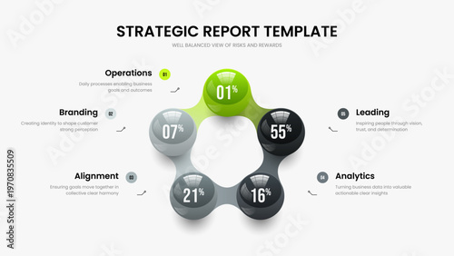 Clean Growth Five Element Diagram Slide Design. Company Visualization 5 Option Graph Slideshow Layout. Product Review Frame Template Vector Illustration.