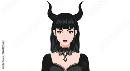 An anime-style woman with black horns and a lace choker stands against a plain white background.