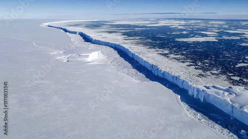 A vast glacier with a deep, dark crevasse splitting its surface, cold blue and white tones. travel magazines, destination branding, designed for outdoor magazines and nature guides.