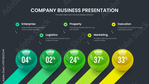 Market Performance Five Step Infographic Presentation Layout. Marketing Planning 5 Element Diagram Slide Design. Minimal Development Slideshow Template Vector Illustration.