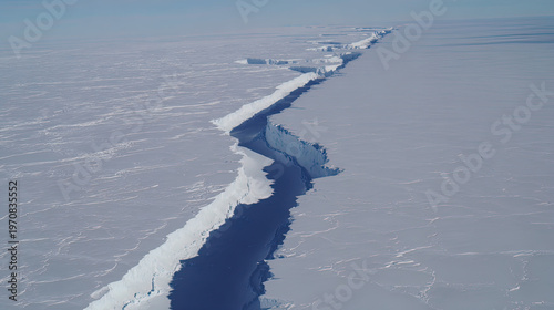A vast glacier with a deep, dark crevasse splitting its surface, cold blue and white tones. travel magazines, destination branding, designed for outdoor magazines and nature guides.