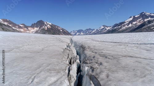 A vast glacier with a deep, dark crevasse splitting its surface, cold blue and white tones. travel magazines, destination branding, designed for outdoor magazines and nature guides.
