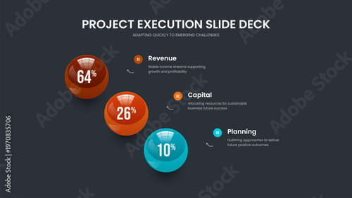 Company Proposal Three Element Graph Slideshow Template. Marketing Visualization 3 Step Diagram Slide Layout. Elegant Campaign Presentation Design Vector Illustration.