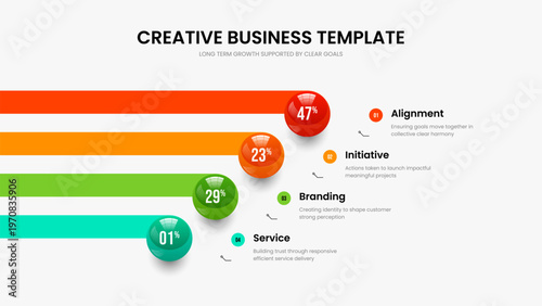 Company Growth Slideshow Template Vector Illustration. Simple Briefing Four Element Infographic Presentation Design. Consulting Overview 4 Option Graph Slide Layout.